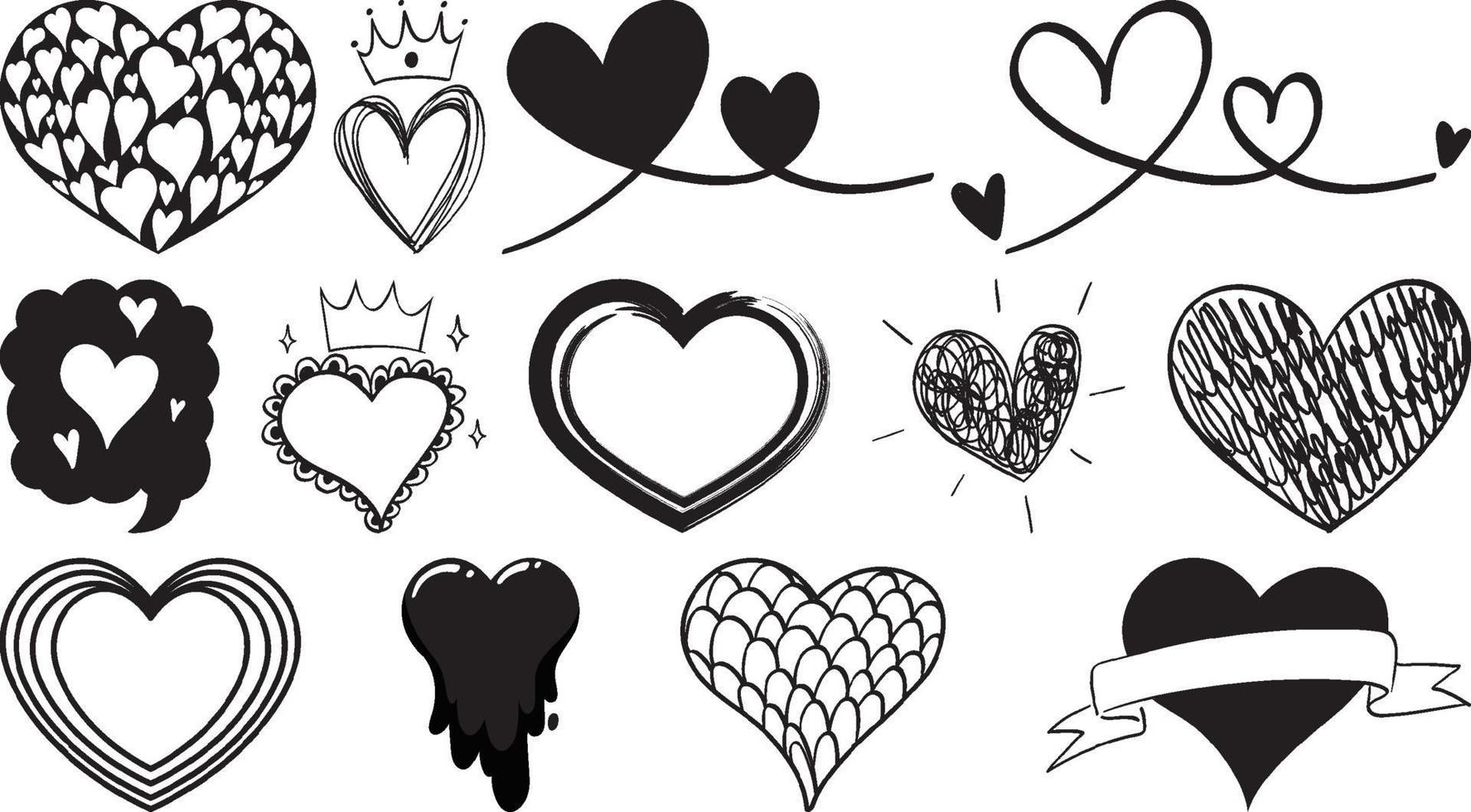 Black hand drawn hearts set vector