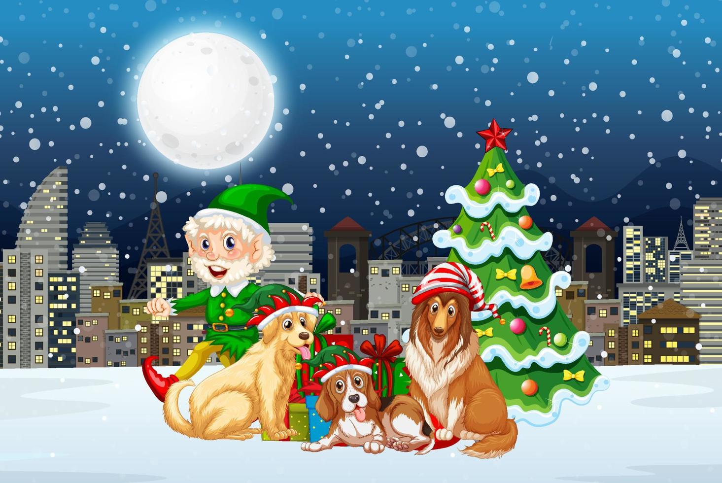 Snowy winter night with Christmas elf and dogs vector