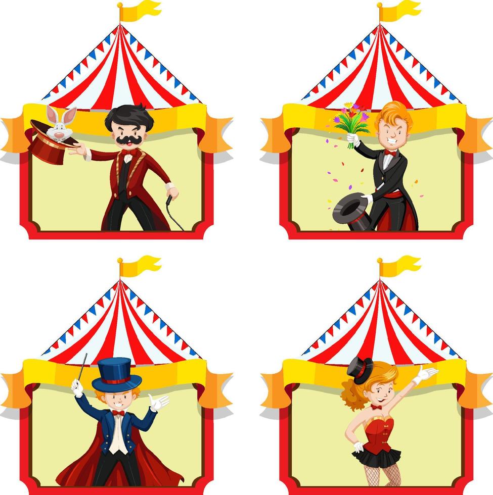 conjunto de magos con fondo de carpa de circo vector