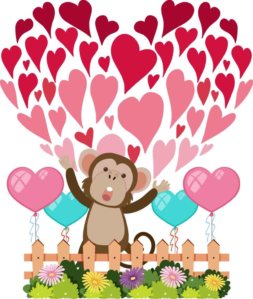 tema de San Valentín con un mono y los iconos del corazón en estilo de dibujos animados vector