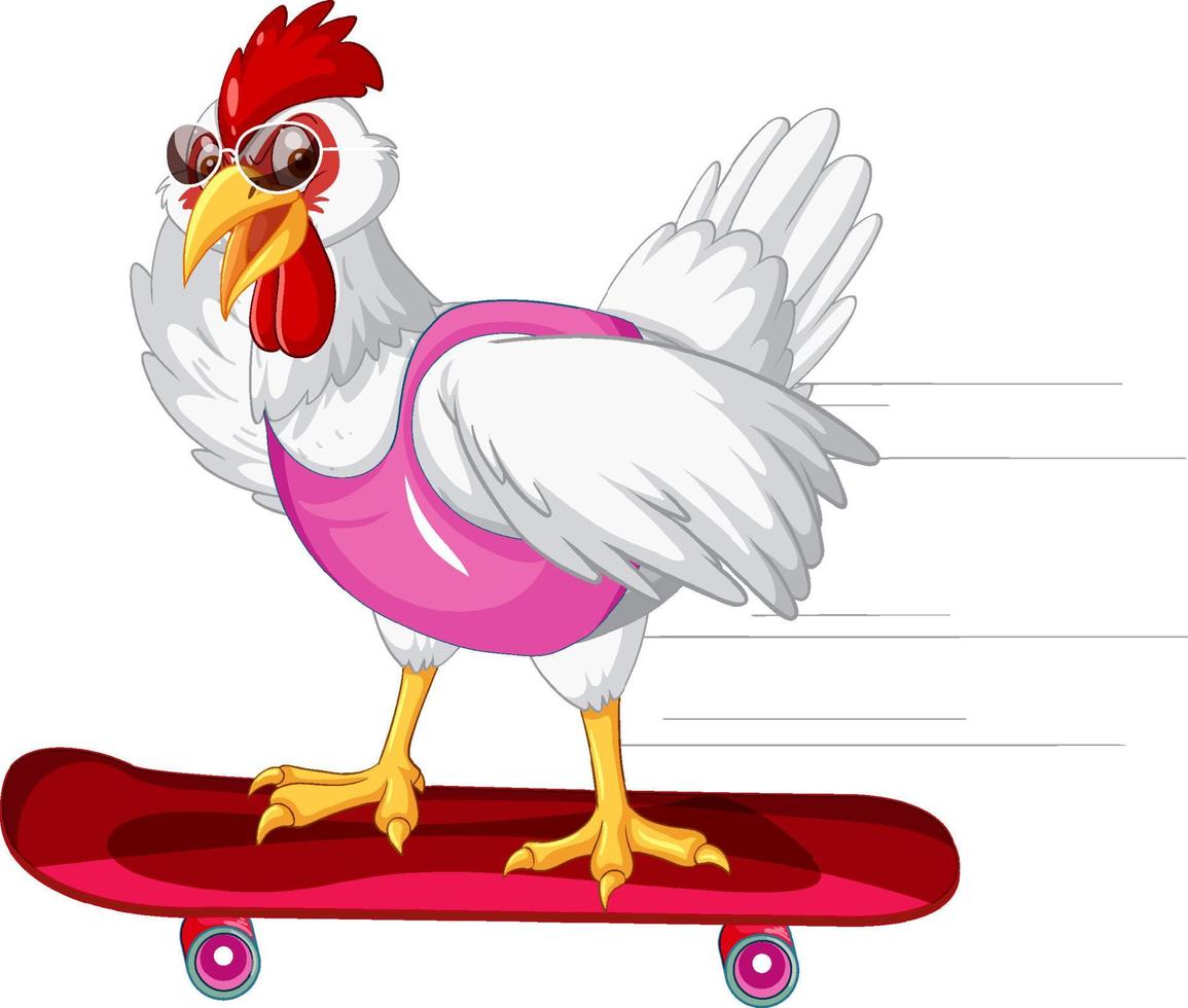 personaje de dibujos animados de pollo blanco en patineta vector