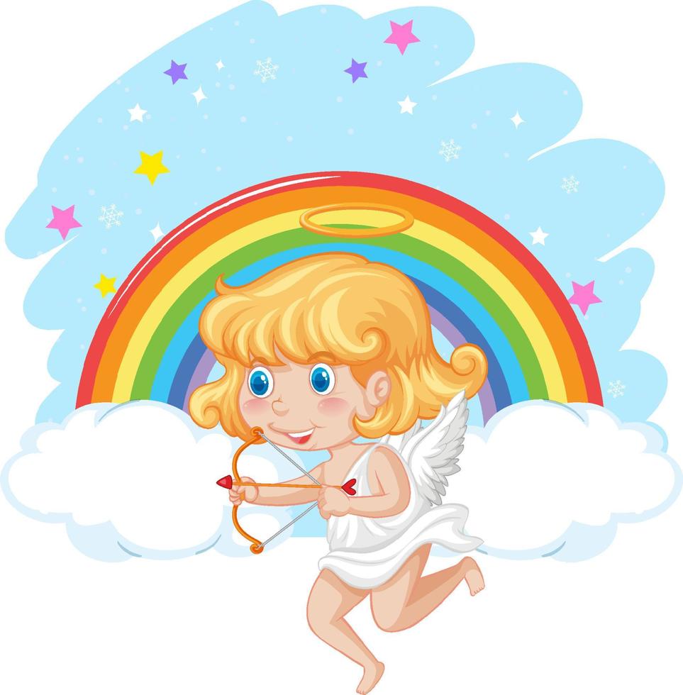 niña ángel sosteniendo arco y flecha en el cielo vector