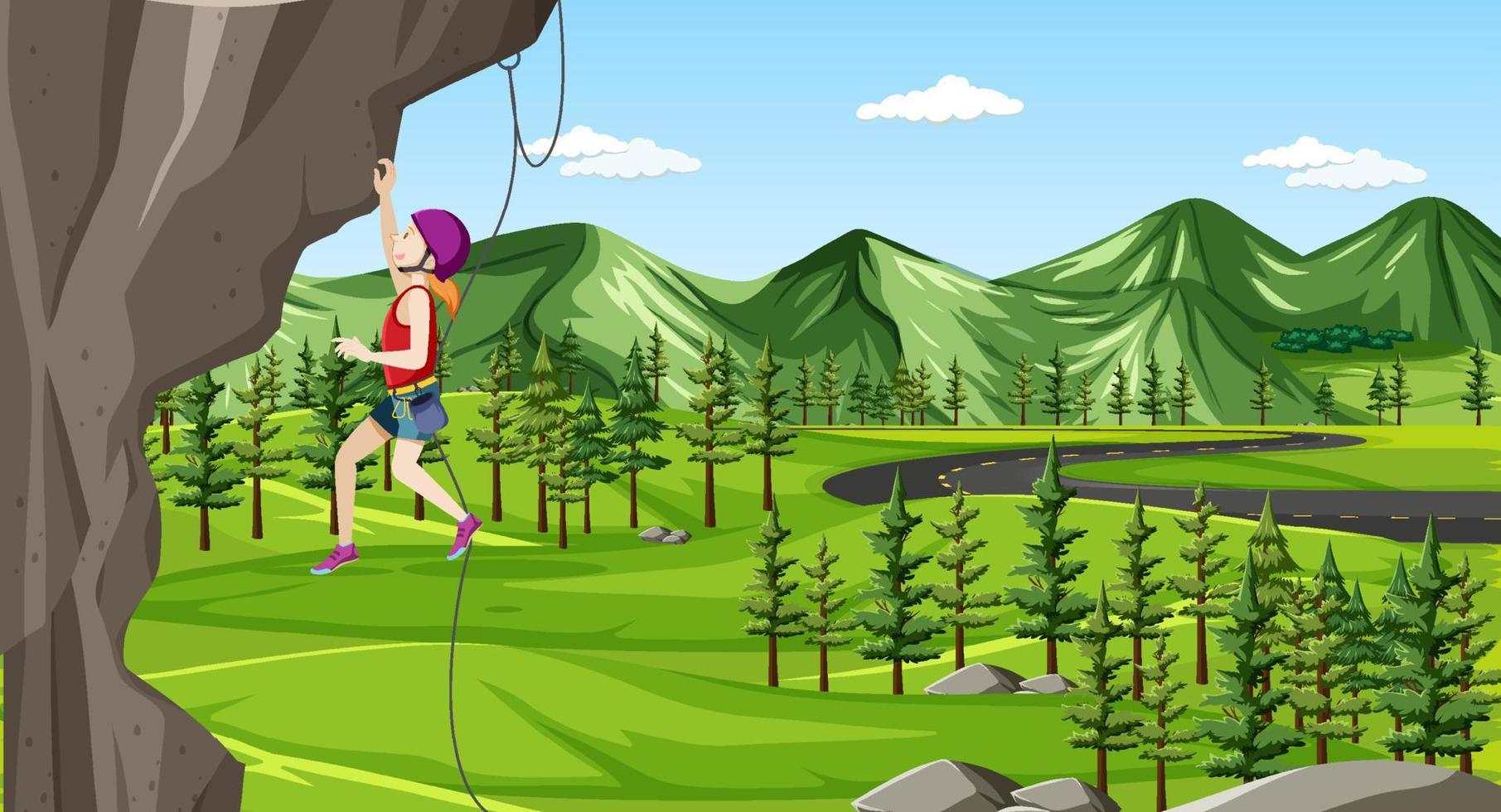 Rock climbing scene with woman climbing rock vector