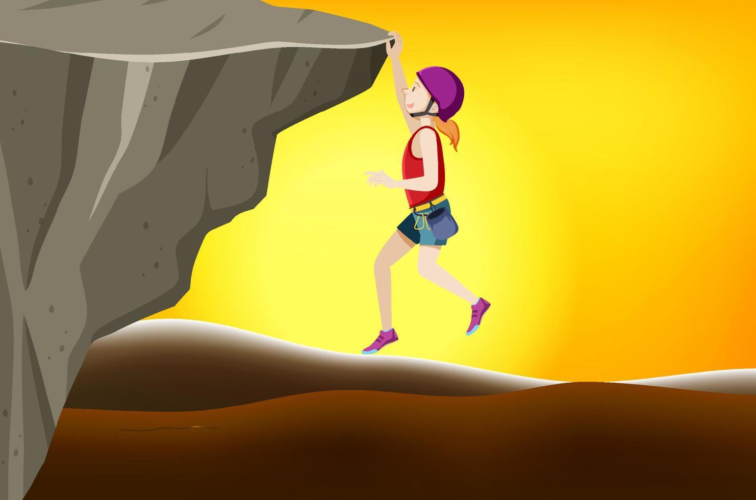 escena de escalada en roca con mujer escalando al atardecer vector