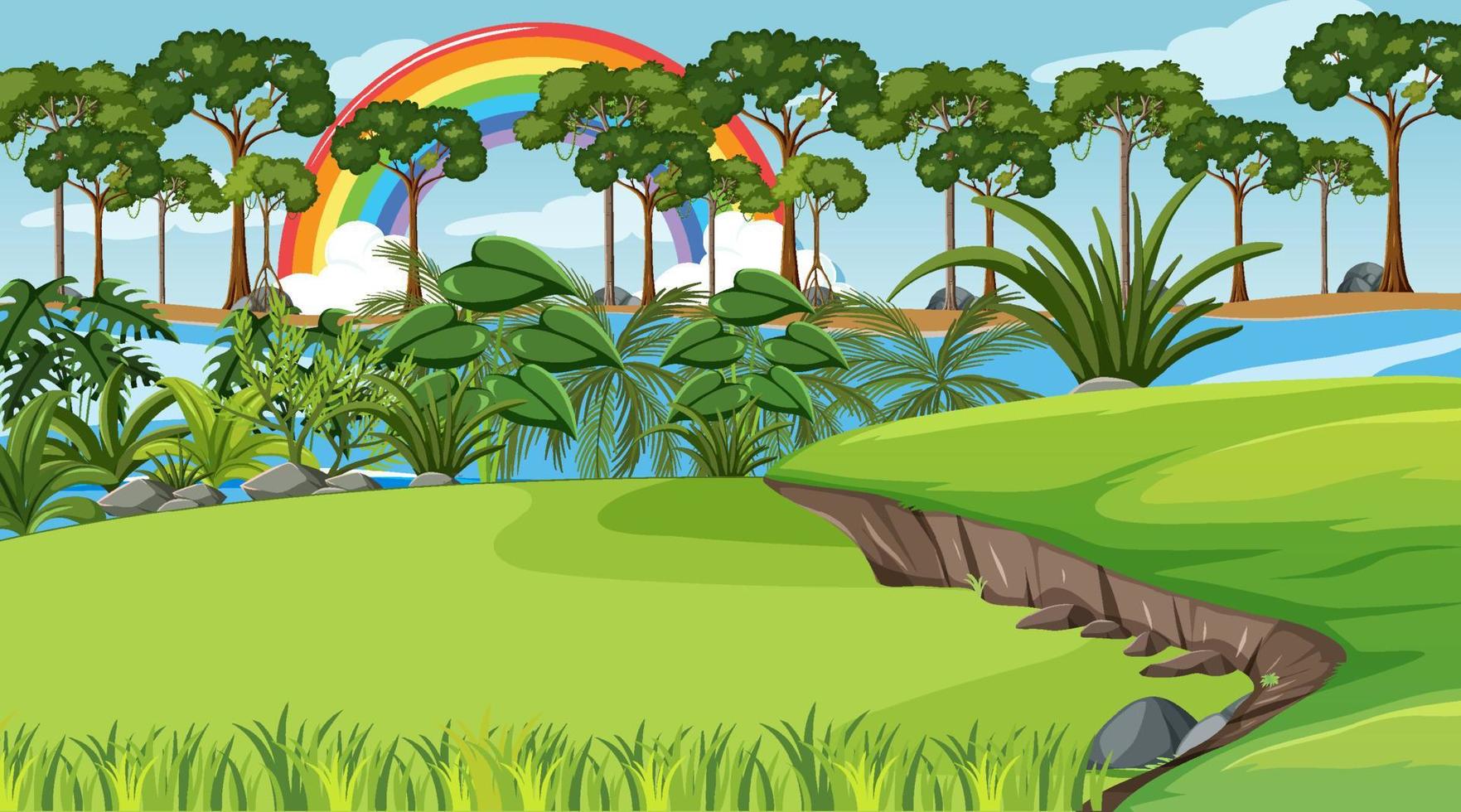 escena del bosque natural con arco iris en el cielo vector