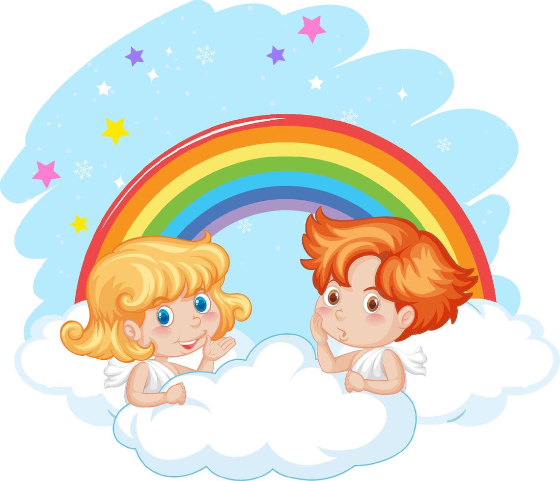 ángel niño y niña en una nube con arco iris en el cielo vector