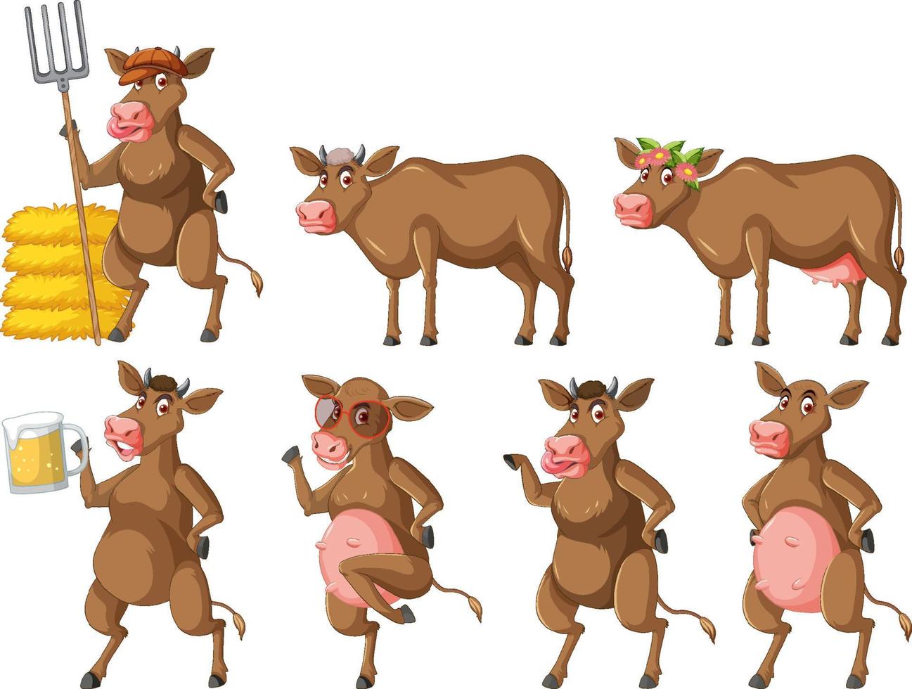 conjunto de diferentes vacas lecheras en estilo de dibujos animados vector