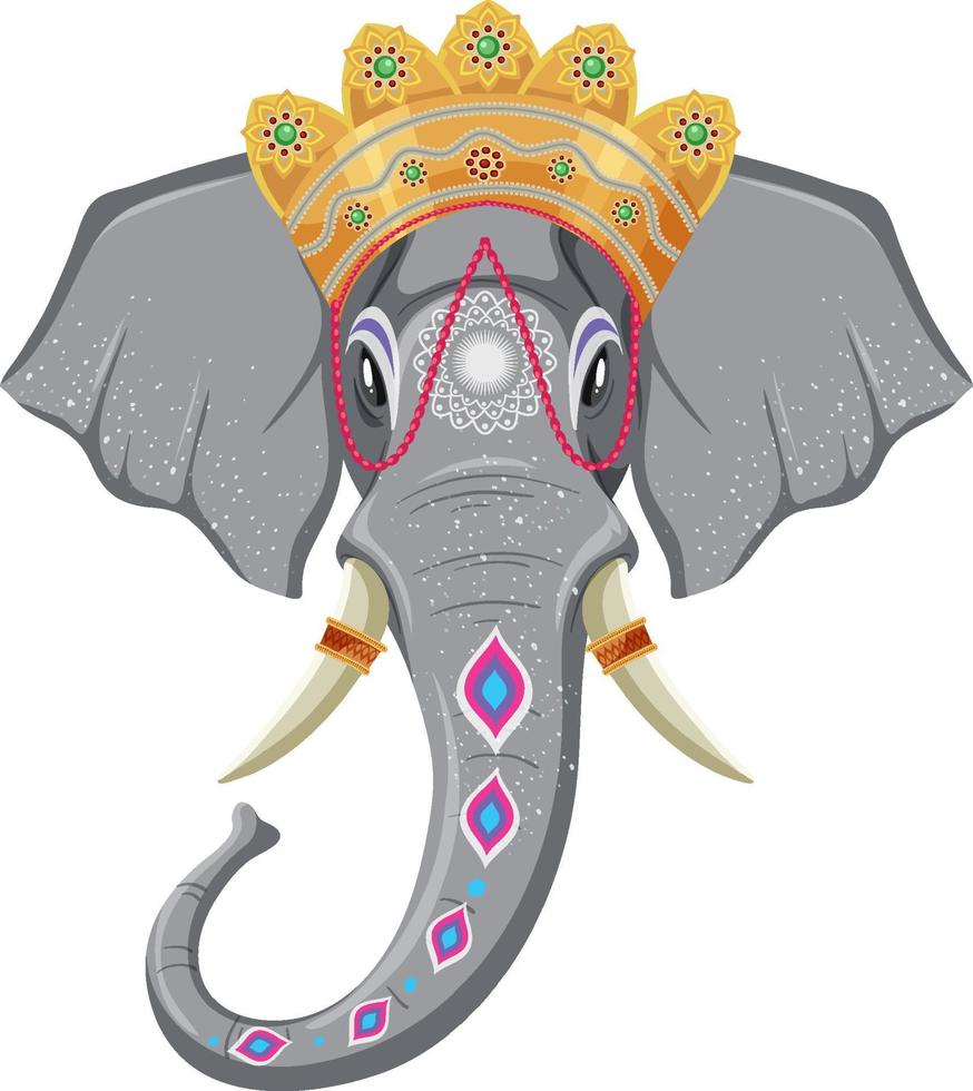 cabeza de elefante decorada con corona y pinturas corporales vector