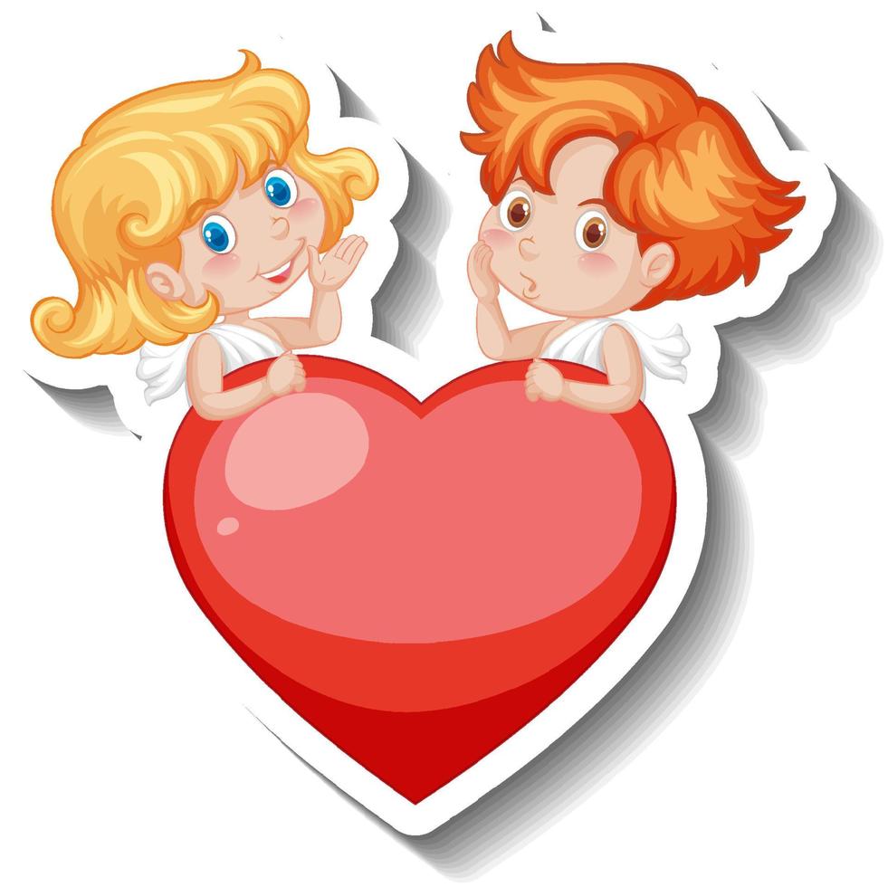 dos pequeños cupidos con corazón en estilo de dibujos animados vector