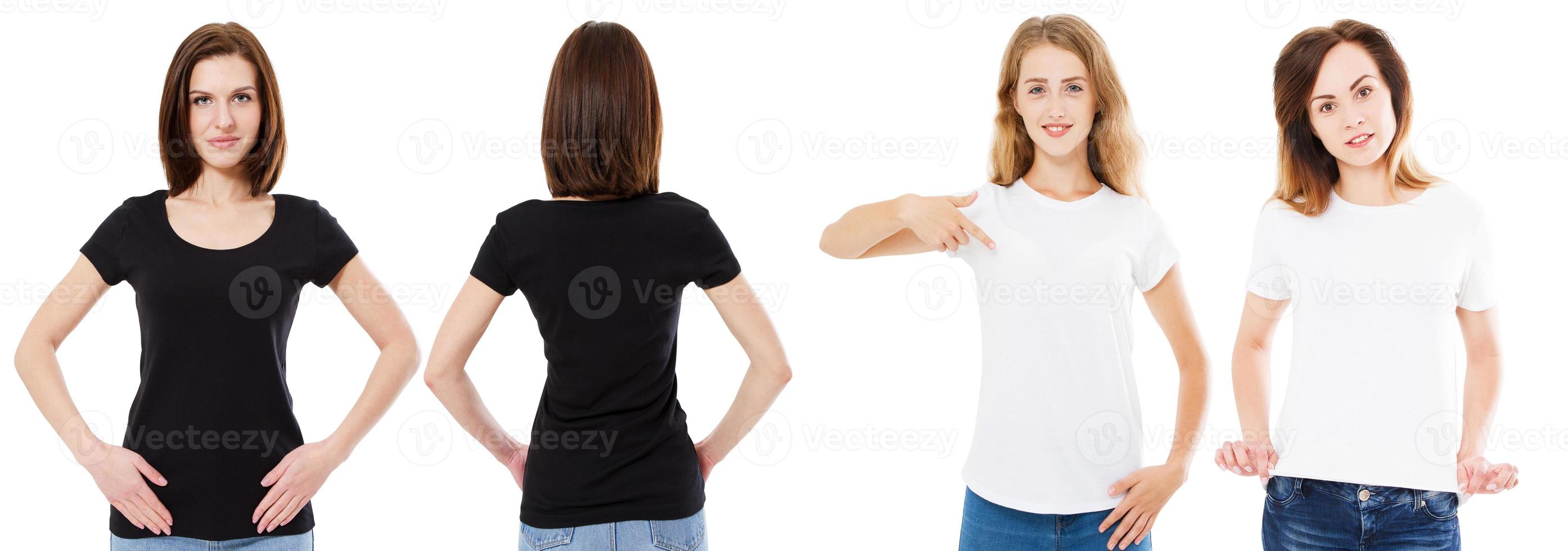 t-shirts set, front and back views woman in black and white tshirt, mock up, copy space, three women t shirt photo