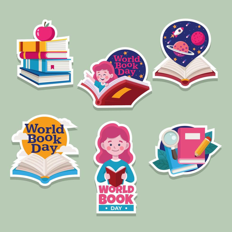 conjunto de pegatinas del día mundial del libro vector