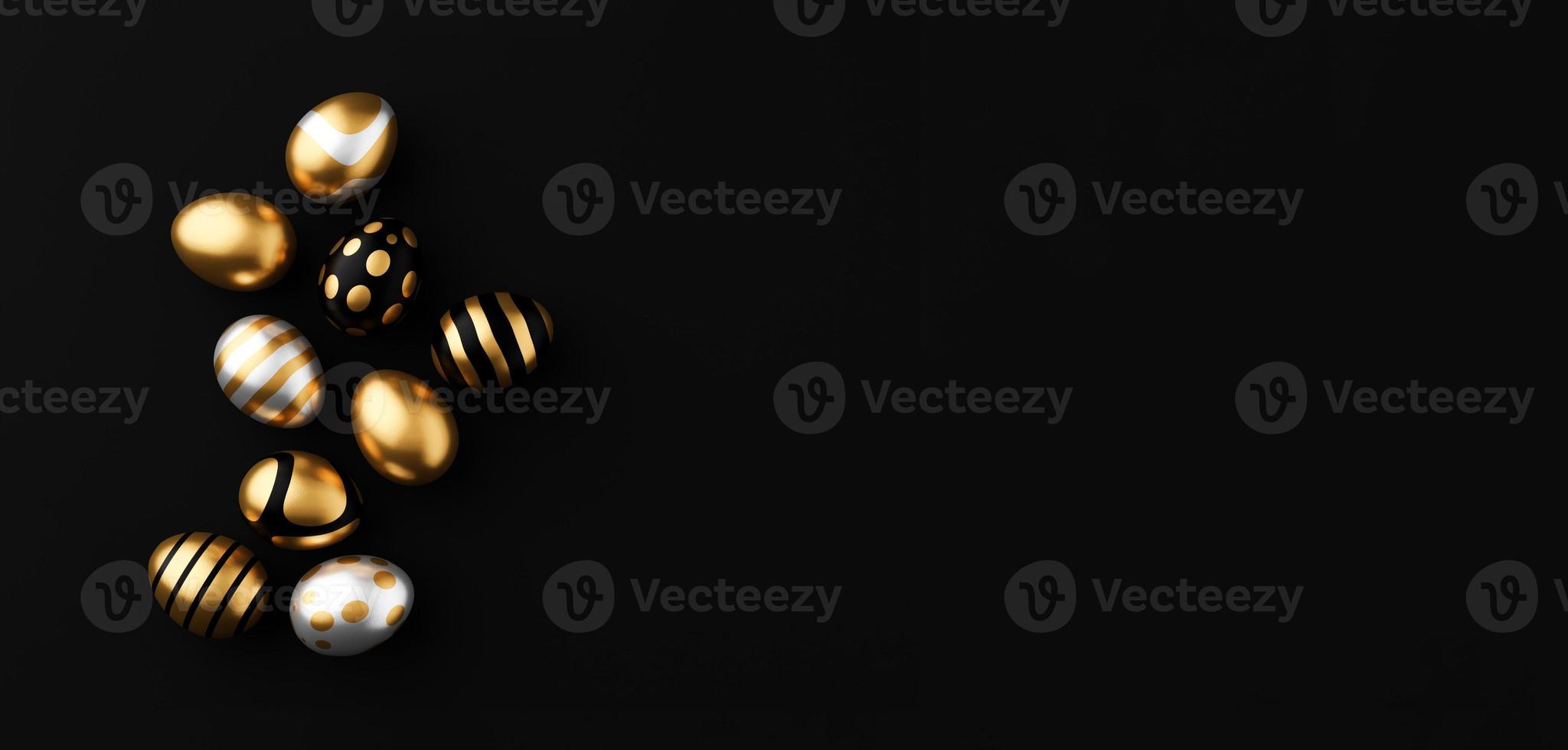 3d render of gold and white Easter eggs banner on a black background. Minimal Easter concept 3d rendering frame photo