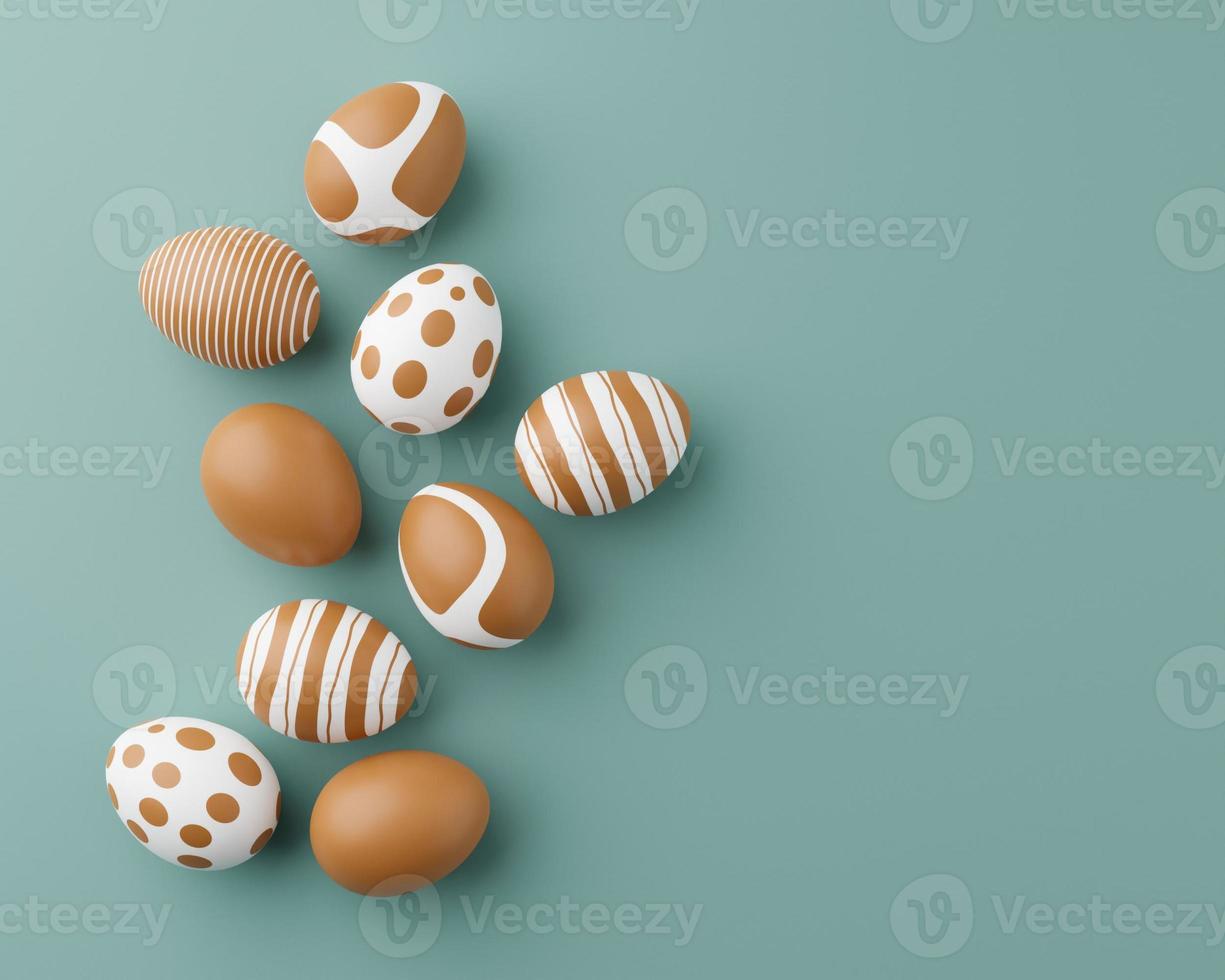 Golden easter eggs with gold pattern on a green background. 3d render illustration. Easter composition. Gold eggs on green 3d rendering photo