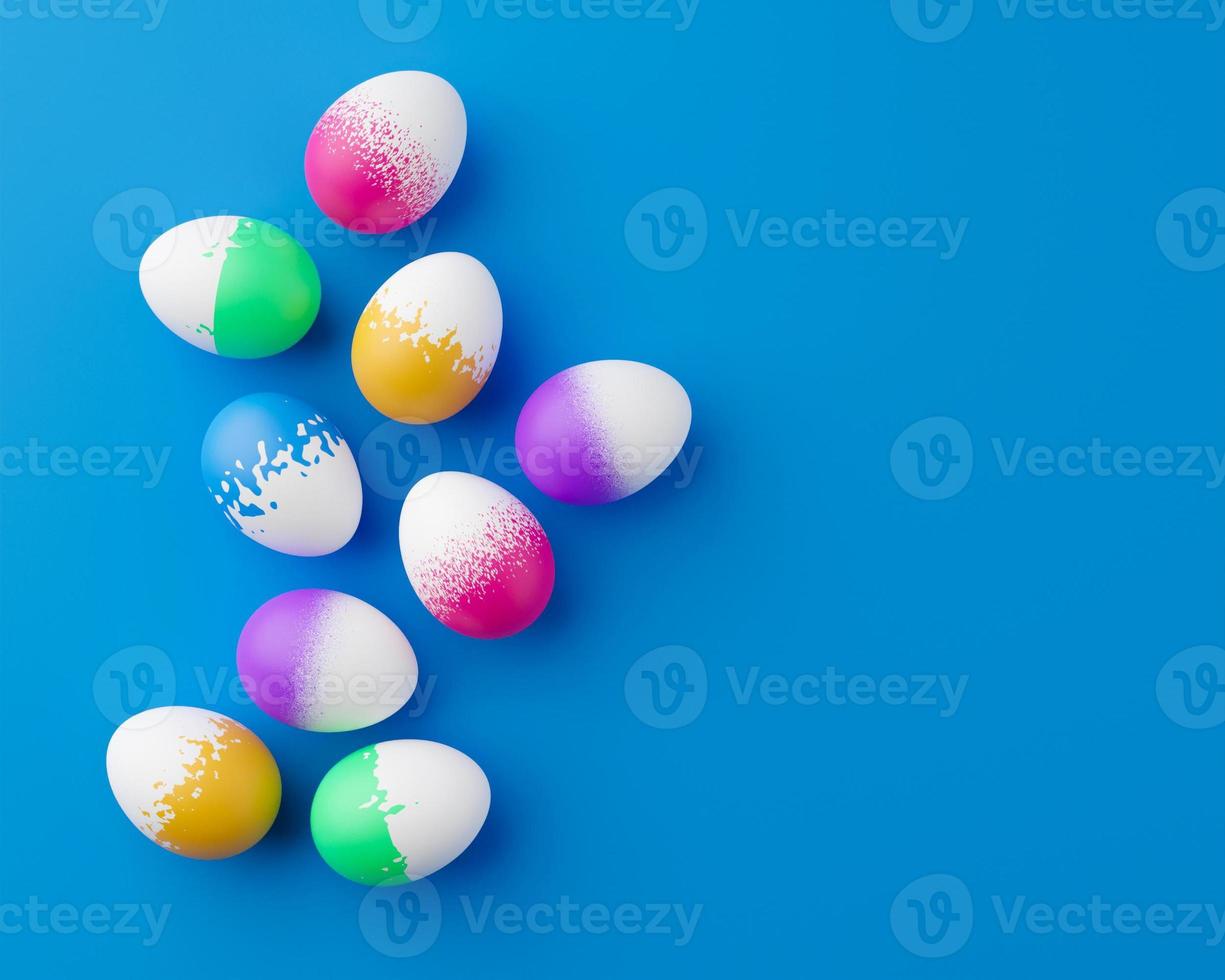 manojo de huevos coloridos en una representación 3d de fondo azul de pascua. pila de huevos de Pascua brillantes y coloridos - 3D Render. borde de marco de composición de concepto de pascua foto