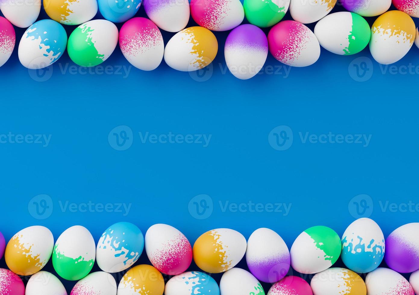 Bunch of colorful eggs on a blue Easter background 3D Rendering. Pile of birght and colorful Easter Eggs - 3d render. Easter concept composition frame border photo