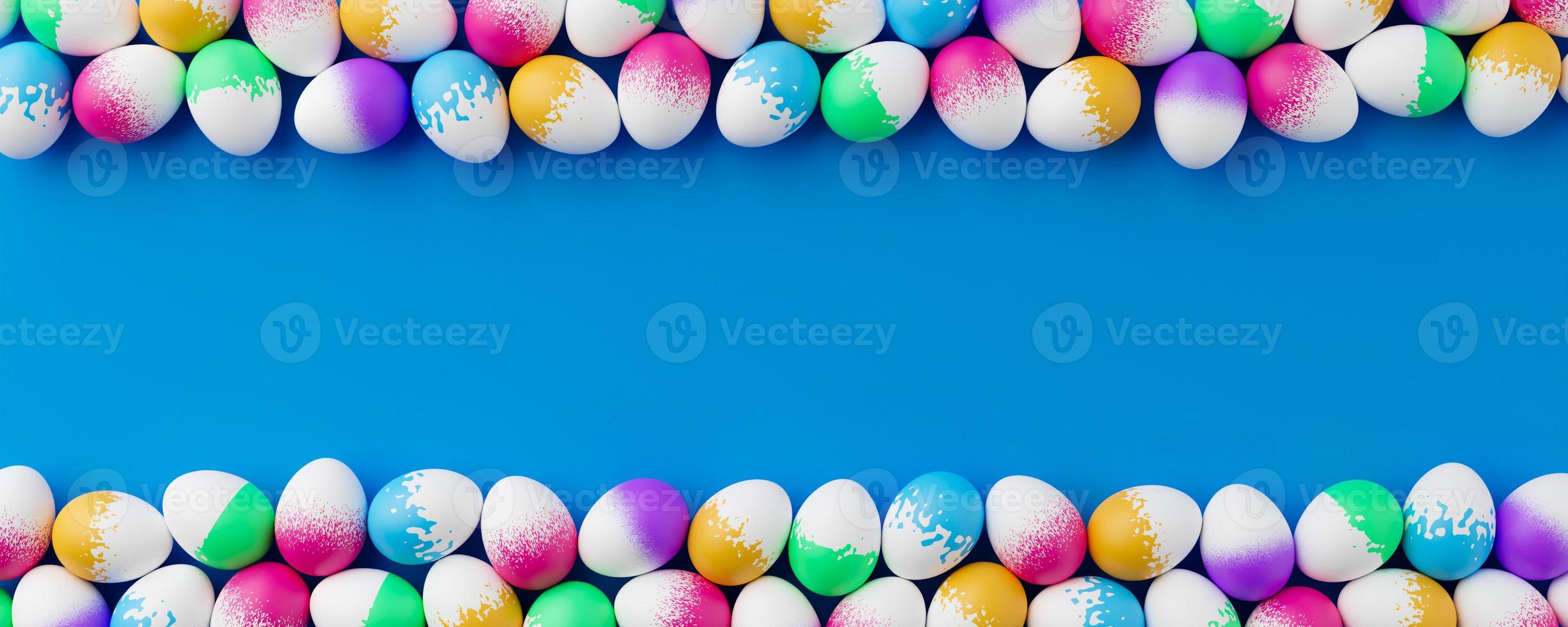 Bunch of colorful eggs on a blue Easter background 3D Rendering. Pile of birght and colorful Easter Eggs - 3d render. Easter concept composition frame border photo