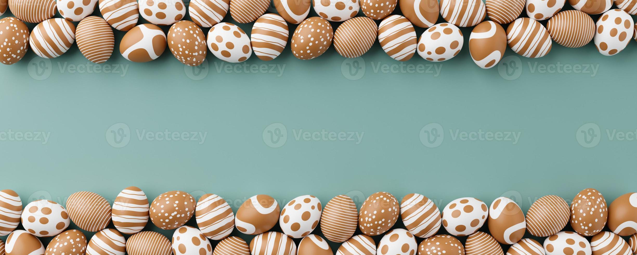 Golden easter eggs with gold pattern on a green background. 3d render illustration. Easter composition. Gold eggs on green 3d rendering photo