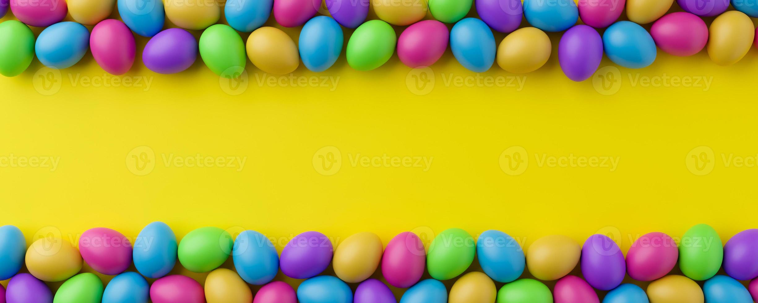 Bunch of colorful eggs on a yellow Easter background 3D Rendering. Pile of birght and colorful Easter Eggs - 3d render. Easter concept composition frame border photo