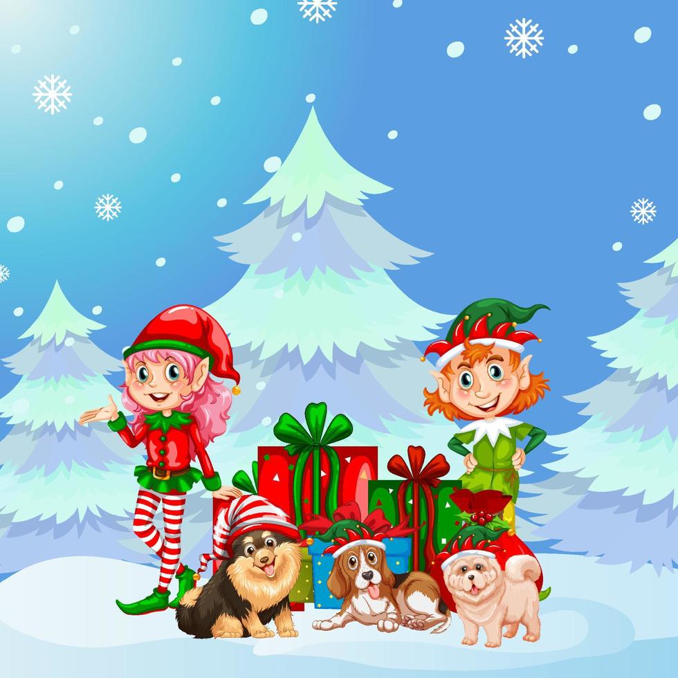 Christmas poster design with two elves and dogs on snowy background vector