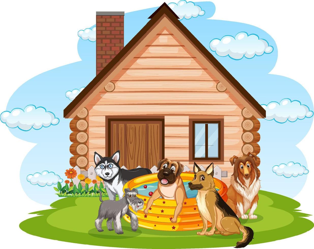 Many dogs playing outside the doghouse vector