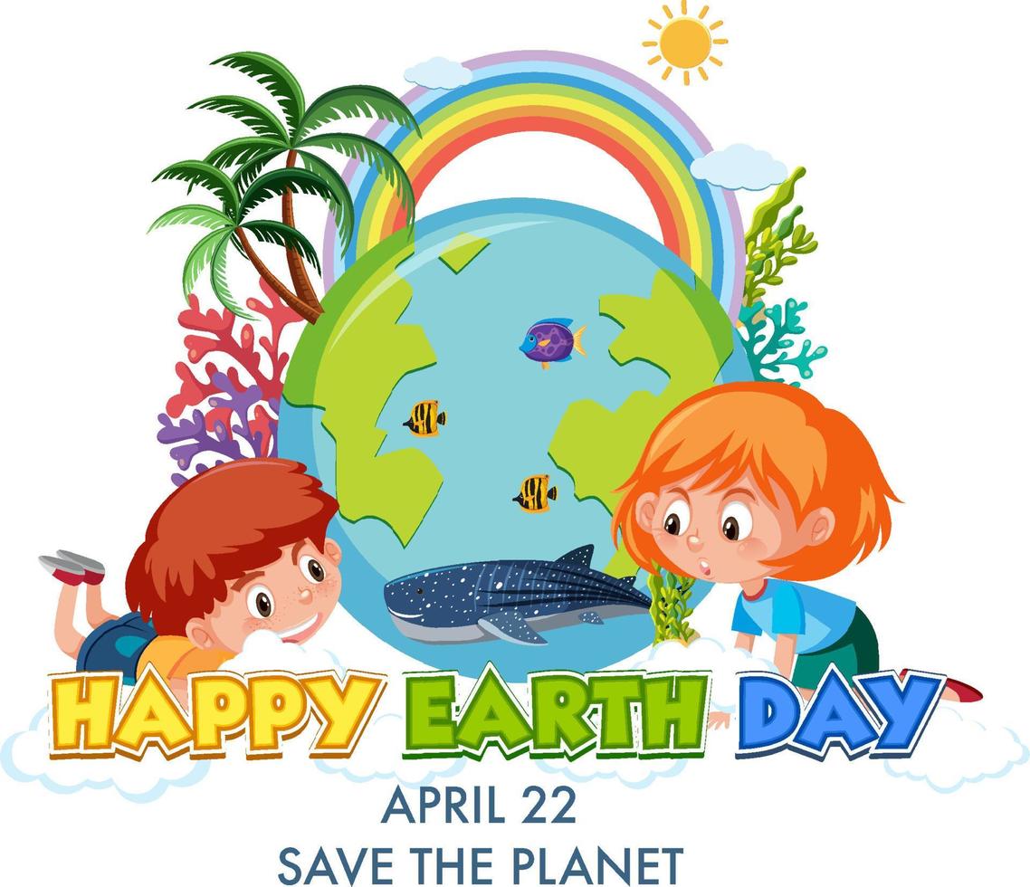 Happy Earth Day logo design with two children cartoon character vector