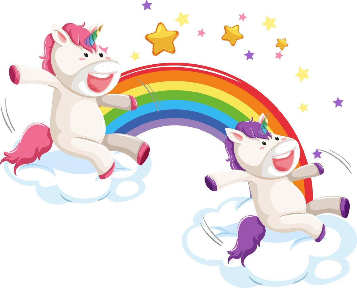 lindos unicornios sentados en una nube con arco iris vector