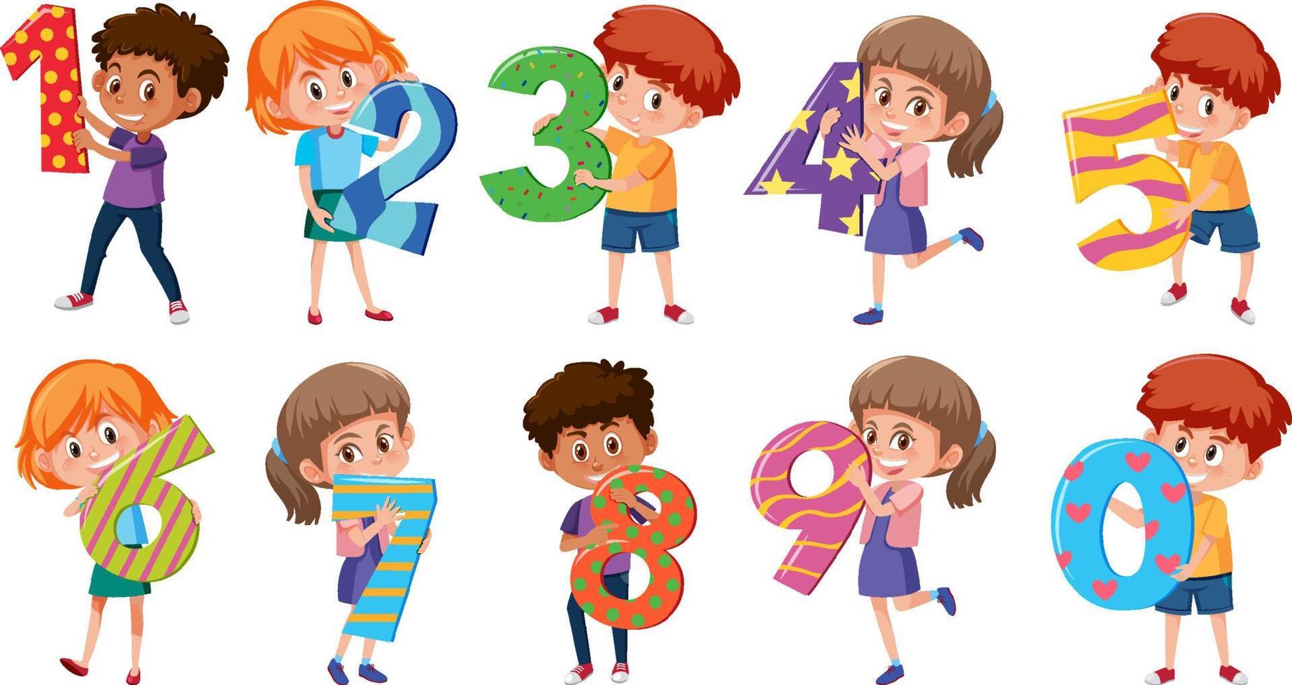 Conjunto de diferentes niños sosteniendo los números aislados sobre fondo blanco. vector