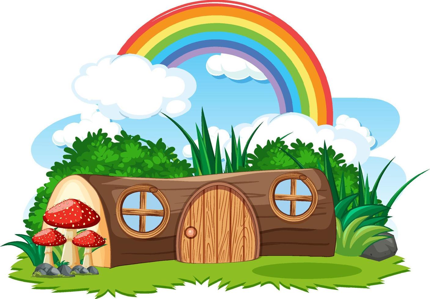 Fantasy timber house with rainbow in the sky vector