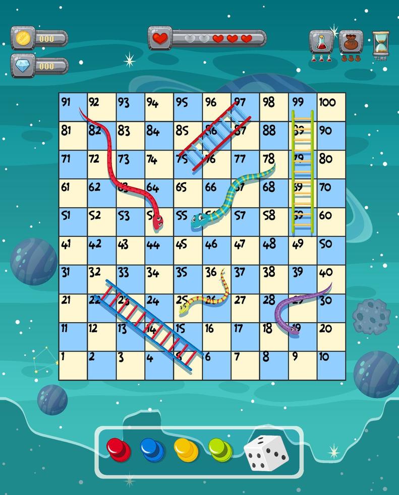 A snake ladder game template on space background vector