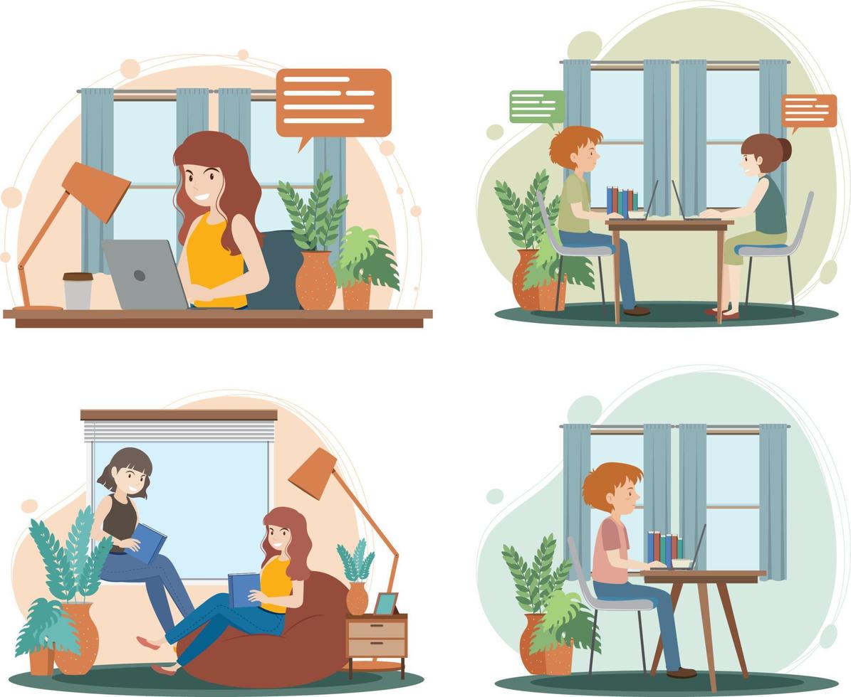 Four scenes with people working from home vector