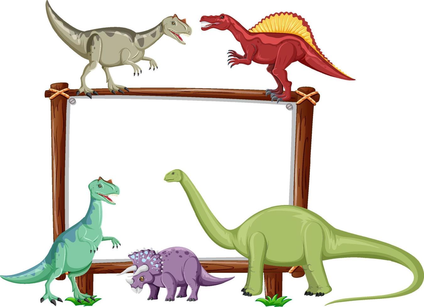 Group of dinosaurs around board on white background vector