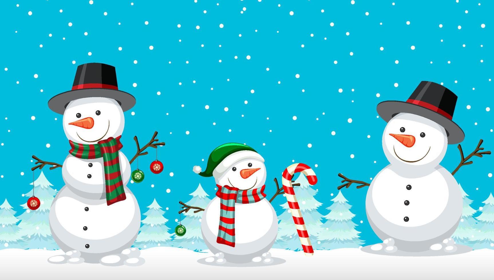 Christmas snowmans on snowy blue background vector