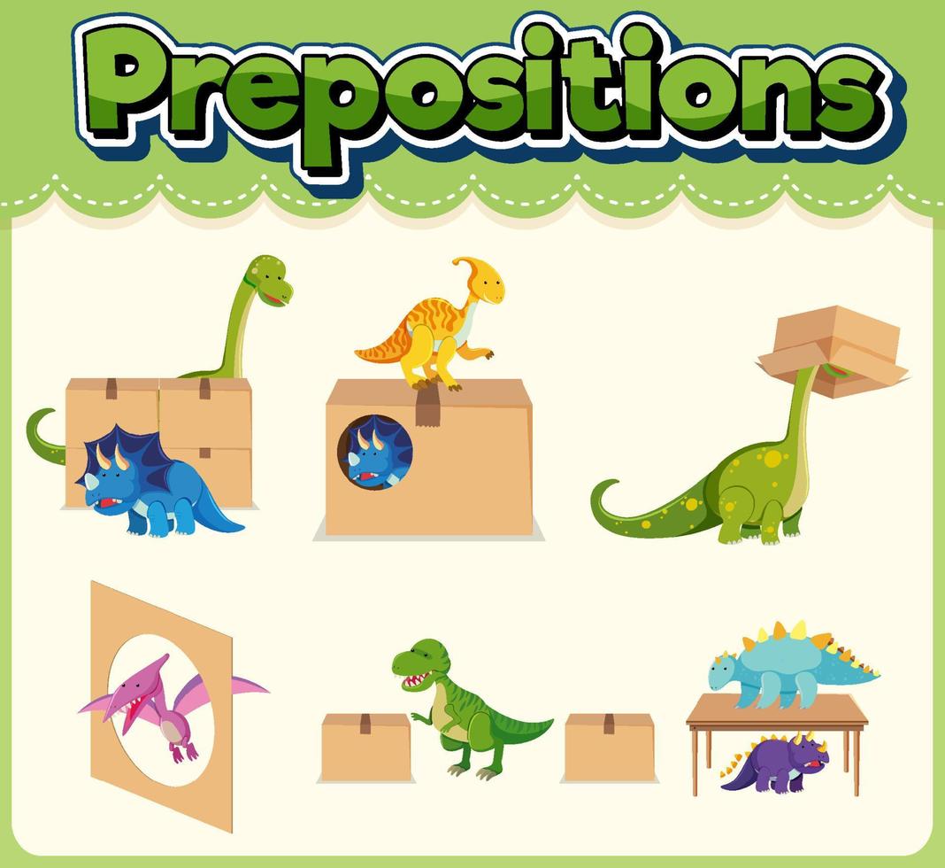 Prepostion wordcard design with dinosaurs and boxes vector
