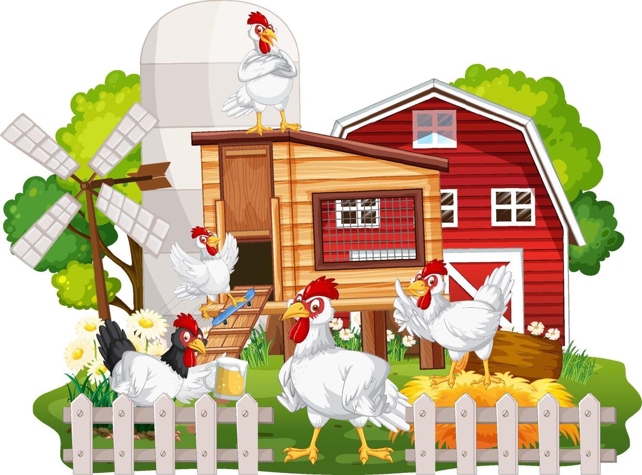 An isolated scene with a group of chickens in cartoon style vector
