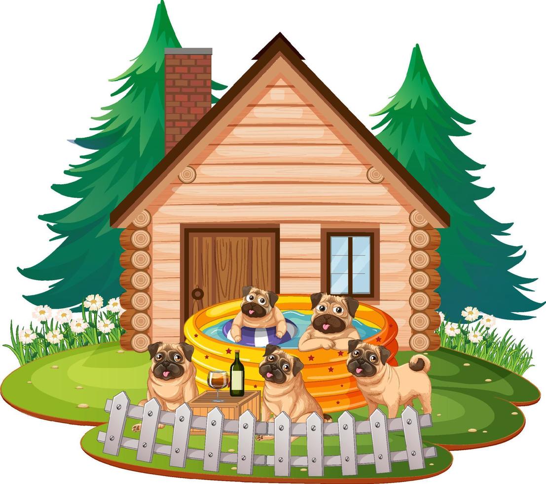 Five pugs playing in the pool by the house vector