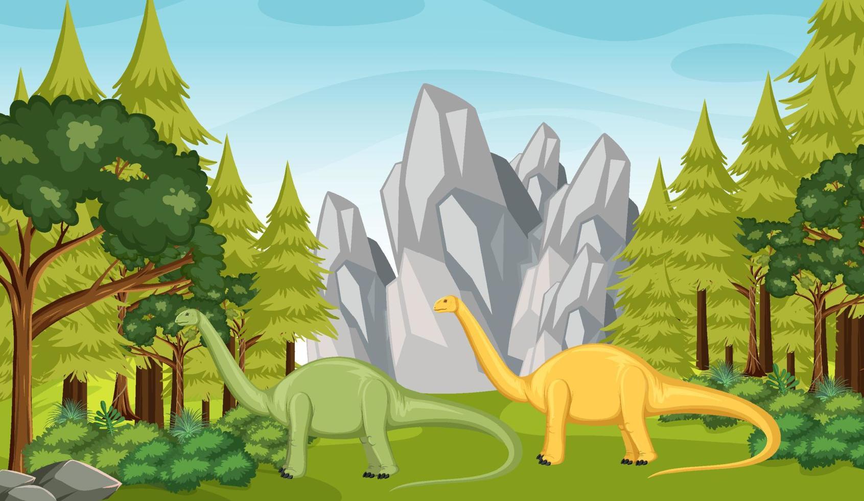 dinosaurio en la escena del bosque prehistórico vector