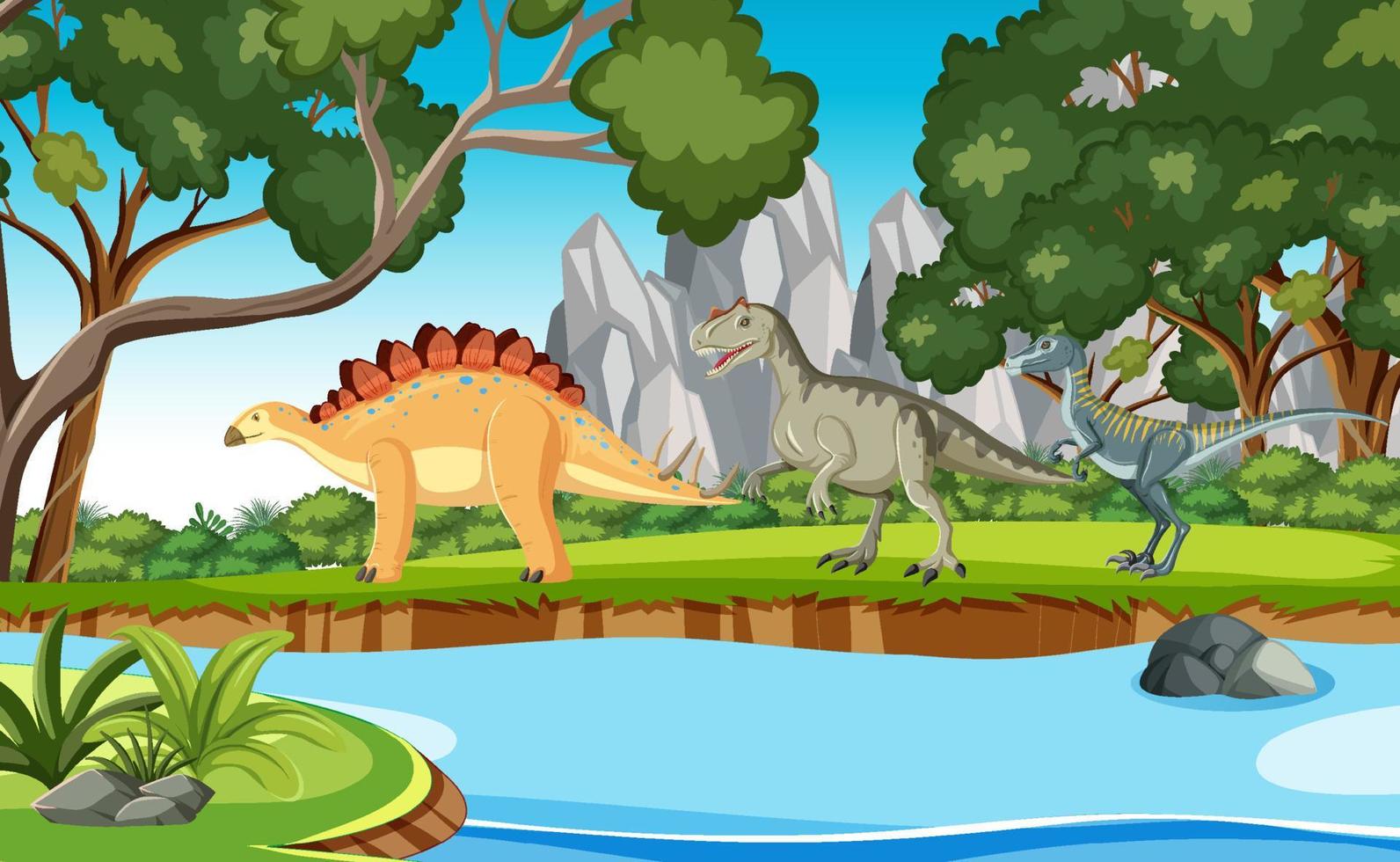 dinosaurio en la escena del bosque prehistórico vector