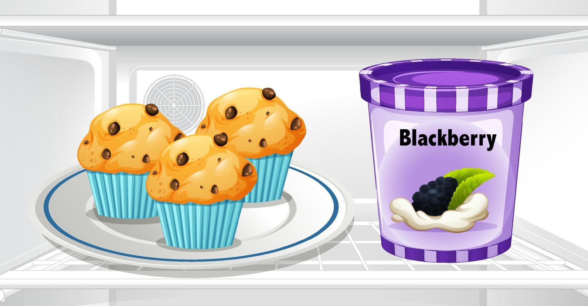Muffins and blackberry yogurt in the fridge vector