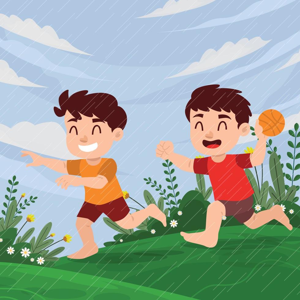 Two Little Kid Playing In The Spring Shower vector