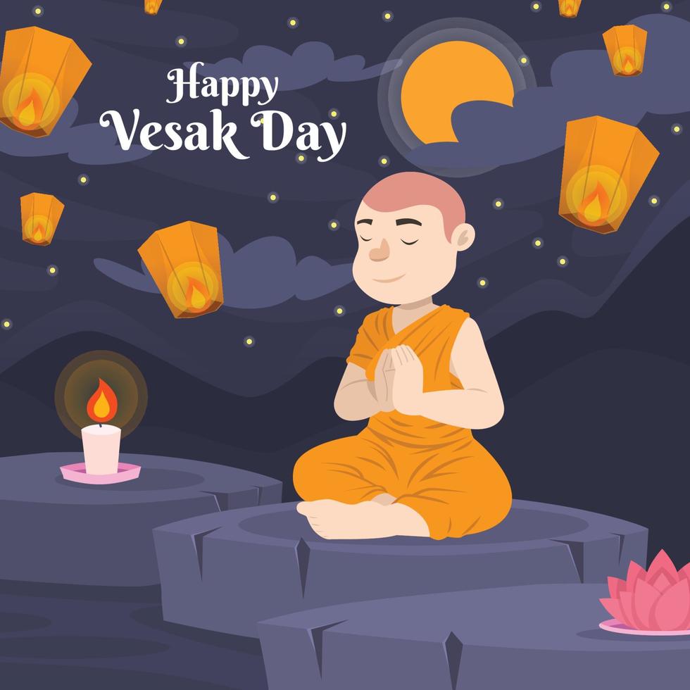 monje budista meditando para celebrar vesak por la noche vector