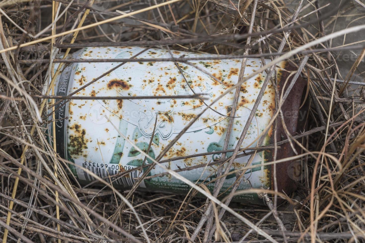 beer can lying in the field photo