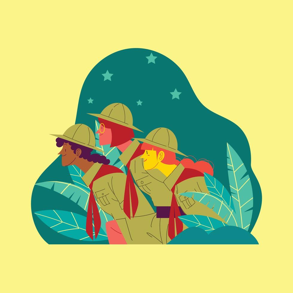 Three Scout Girl Exploring The Forest vector