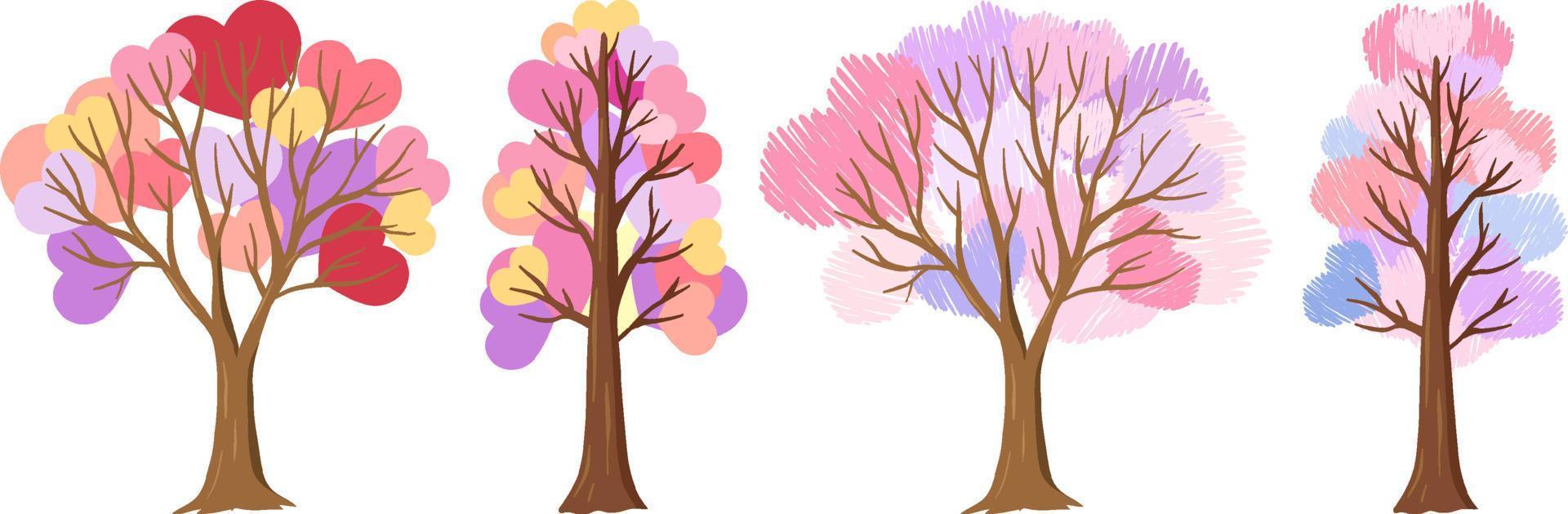 Set of different heart trees in pastel colours vector