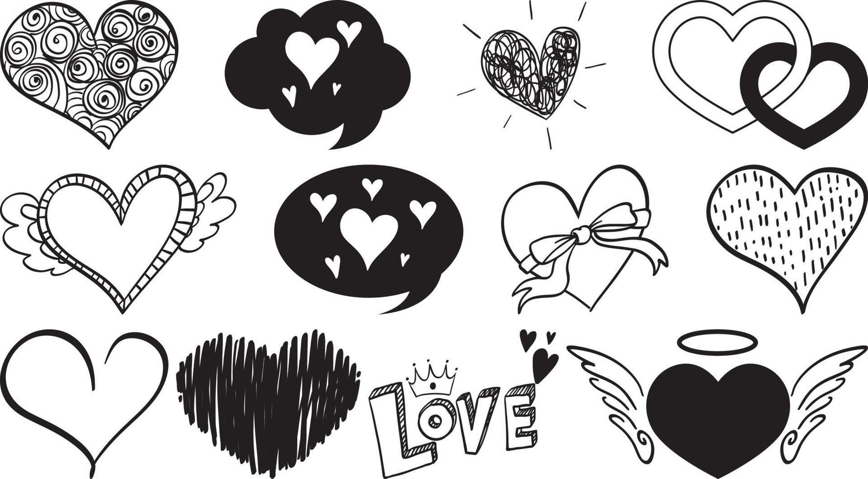 Black hand drawn hearts set vector