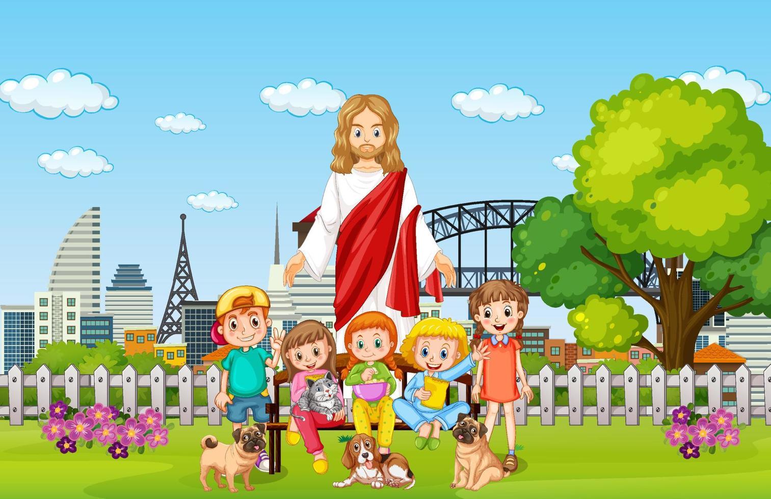 Jesus and children at the park vector