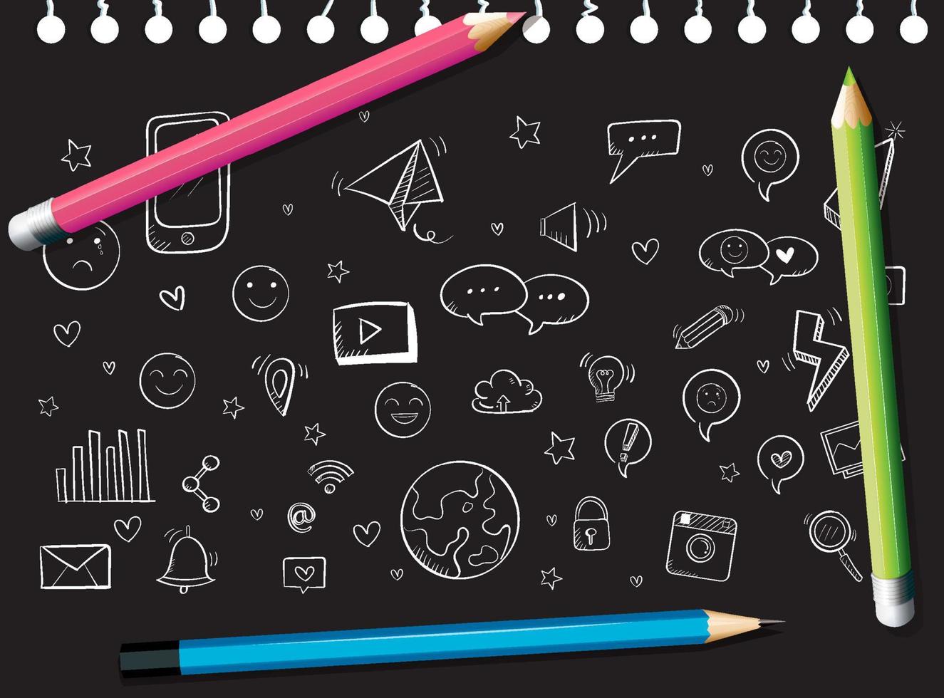 Hand drawn doodles on black paper with colour pecils vector