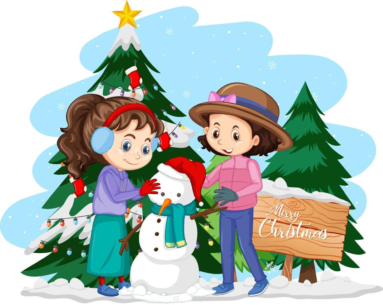 Two girls building a snowman in cartoon style vector