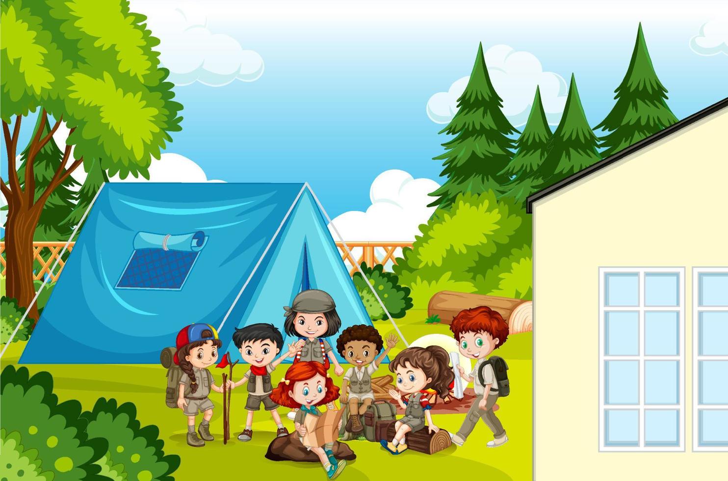 Scene with kids camping out vector