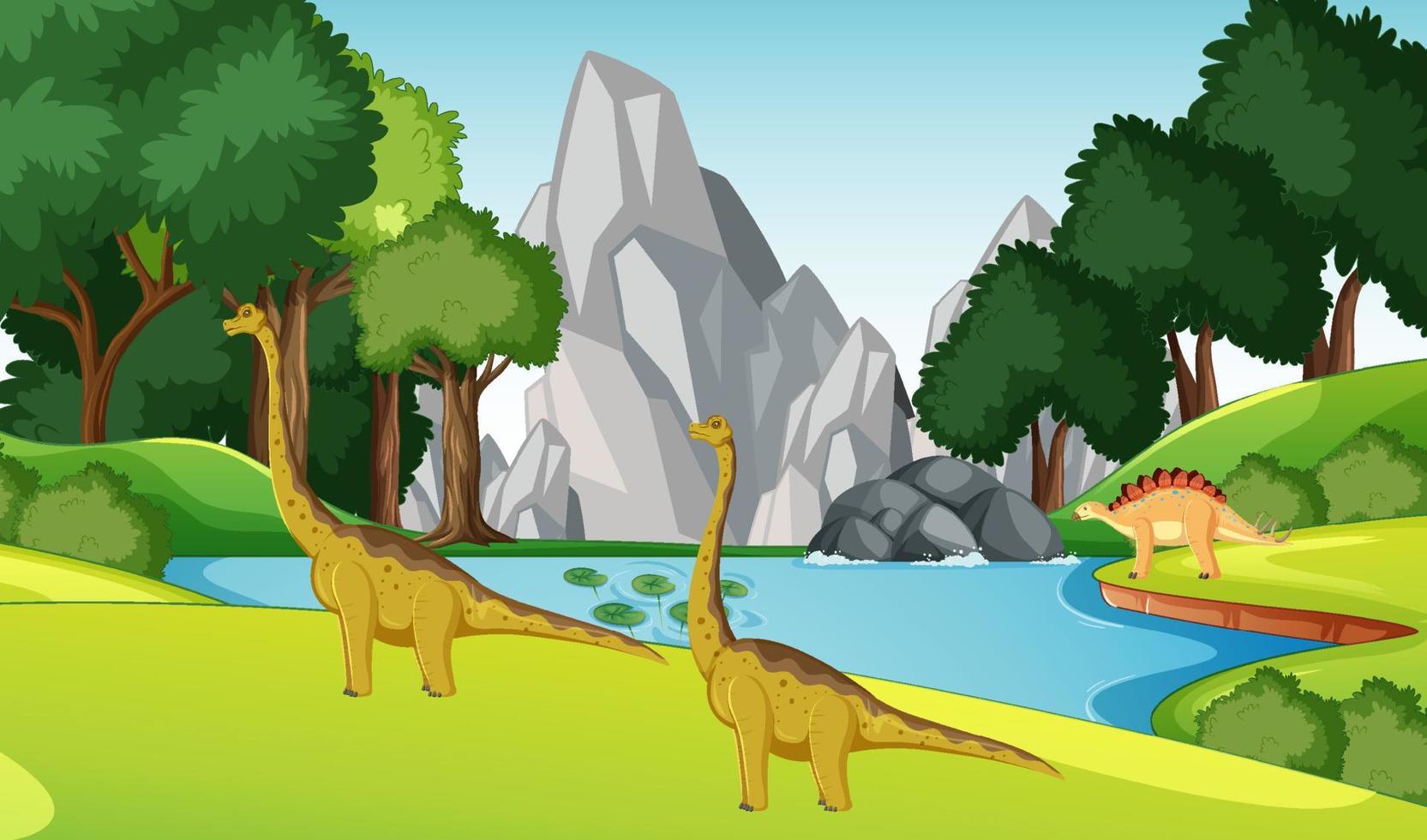 dinosaurio en la escena del bosque prehistórico vector