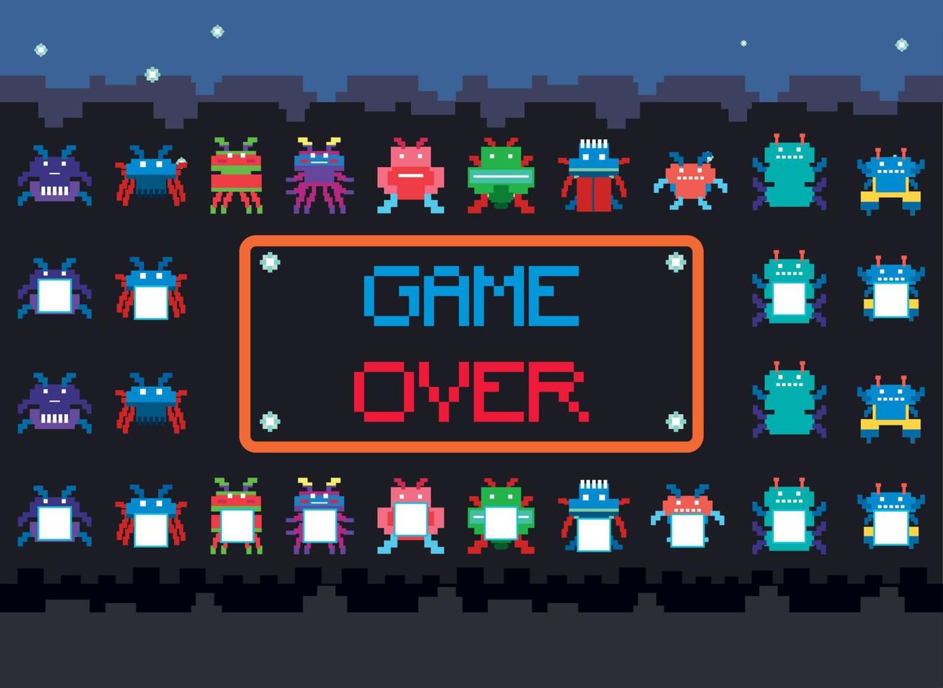 Pixel space game interface with game over button vector